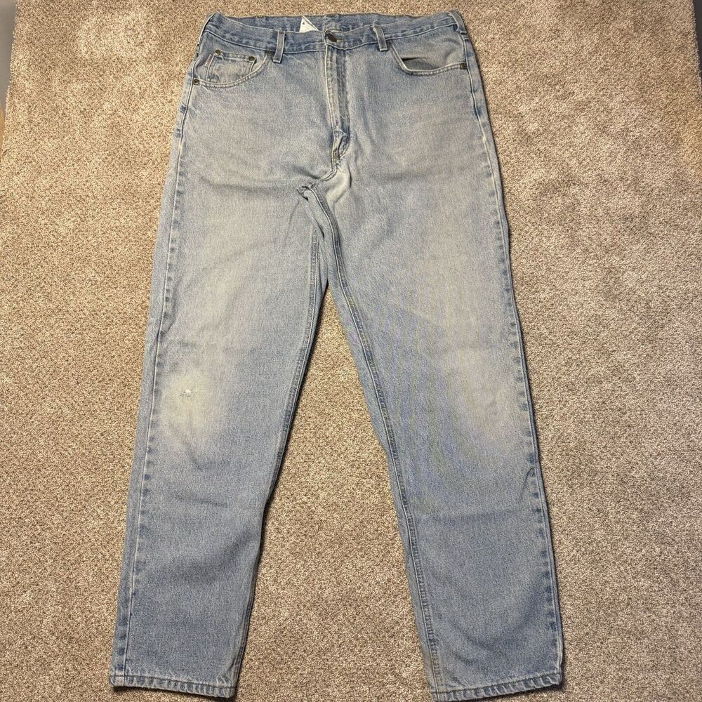Vintage Carhartt B17 STW Jeans Mens 38x34 Light Wash Relaxed Fit Denim Fade